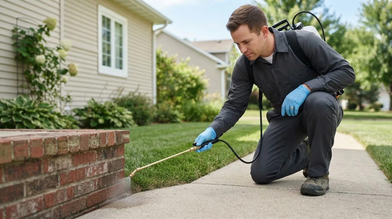 Pest control technician treating a home near New Cumberland, WV